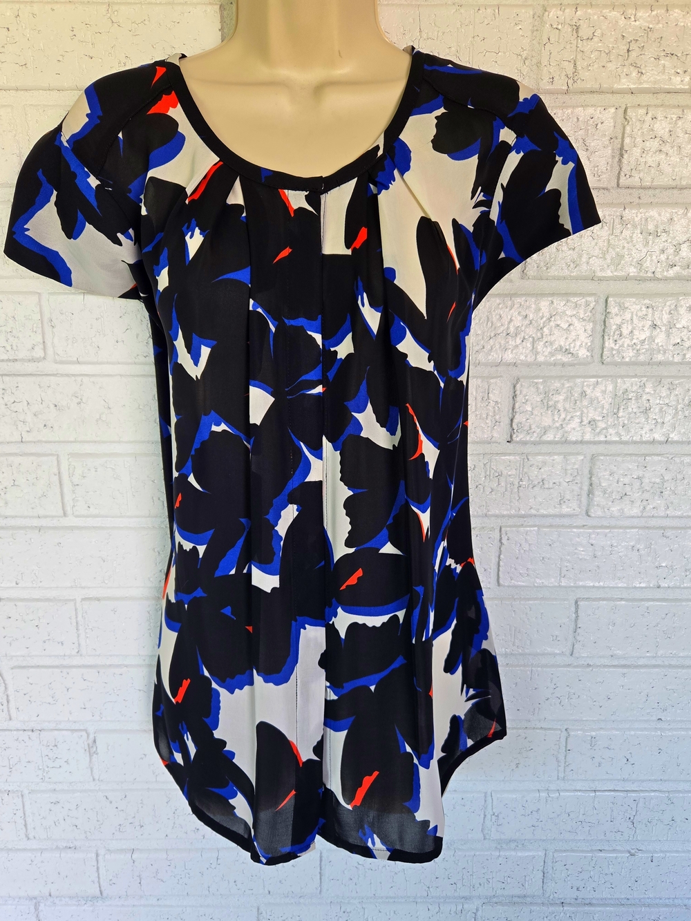 Worthington Black Blue Orange Floral Cap Sleeve Button Front Blouse #1222